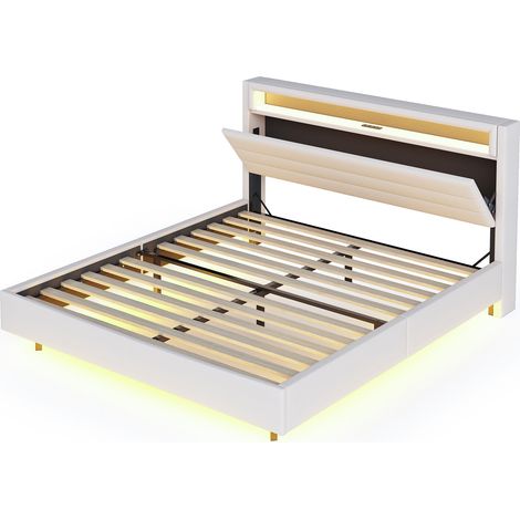 Cama tapizada 160x200 cm con toma USB, LED, cabecero giratorio, beige de lino (1/5)