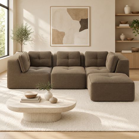 Modulares Ecksofa mit Ottomane, 297 × 177 × 69 cm, Cord, Braun, 3-Sitzer, REDOM (1/5)