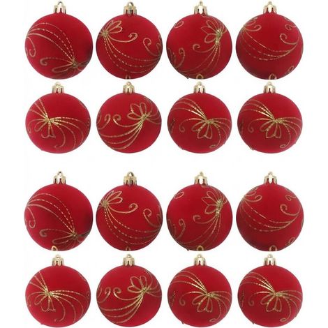 Set 16 Palline Natale Velluto ROSSE sfere da 6 cm con Ricami Dorati per Albero di natale ghirlande decorazioni casa e lavoro addobbi sfera rossa particolari ed eleganti (1/5)