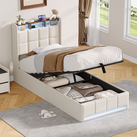 Einfaches Kinder-Stauraumbett 90x200 cm mit USB/Typ-C Anschlüssen, Lattenrost inklusive, LED & Stauraum-Kopfteil, Leinen Beige (1/5)