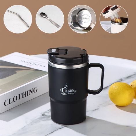 Tasse À Café En Acier Inoxydable - 550 ml - Double Paroi Isolante - Avec Couvercle Et Cuillère - Pour Bureau Études Sport Et Extérieur (1/5)