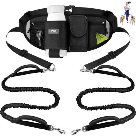 Laisse Libres pour 2 Chiens, Poignée de Circulation Robuste, Laisse Canicross Chien, Ceinture Réglable avec pochette, Couture Réfléchissante, Idéal pour Course à Pied et Marche