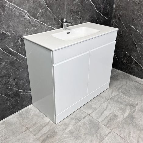 White Gloss Vanity Unit with Large Ceramic Basin Sink 900 or 1000mm Emily Square, 1000mm Wide-With Tap (1/4)