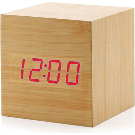 Horloge numérique LED en bois carrée rouge bambou, réveil lumineux pour enfants, chambre, salon, dortoir, affichage digital élégant (1/5)