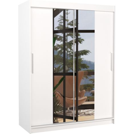 Armoire de chambre 2 portes coulissantes bois blanc et miroir Linoa 150cm (1/5)