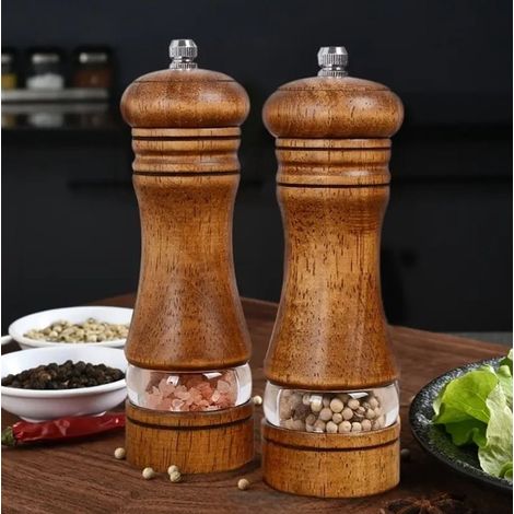Ensemble de 2 moulins à sel et à poivre en bois de chêne, moulins en céramique à réglage manuel avec fenêtre en acrylique, pour la cuisine et la table. (1/5)