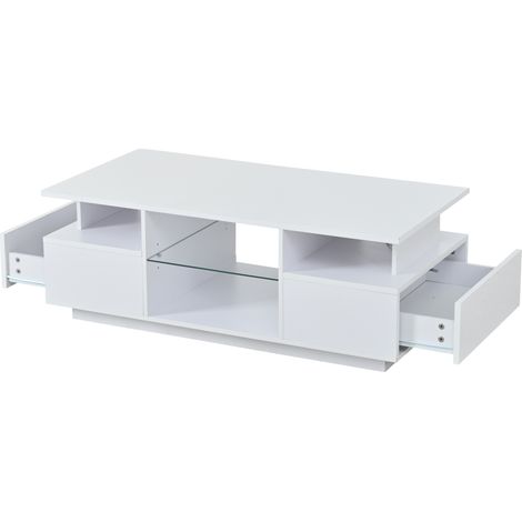 Mesa de centro LED 100x50x36 cm blanco brillante con 2 cajones y estantes de vidrio (1/5)