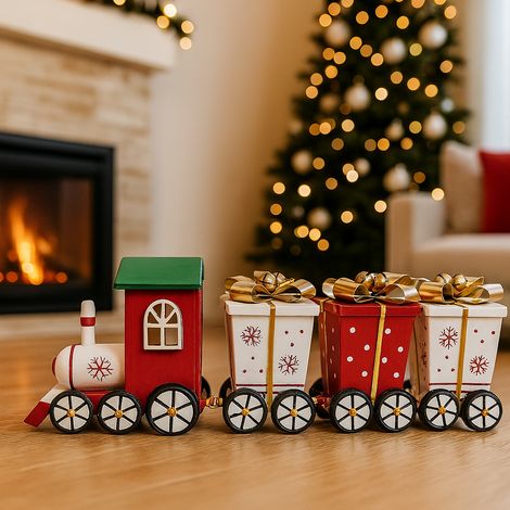 Treno natalizio in legno con pacchi regalo rossi e banchi lungo 25 cm decorazione (1/4)