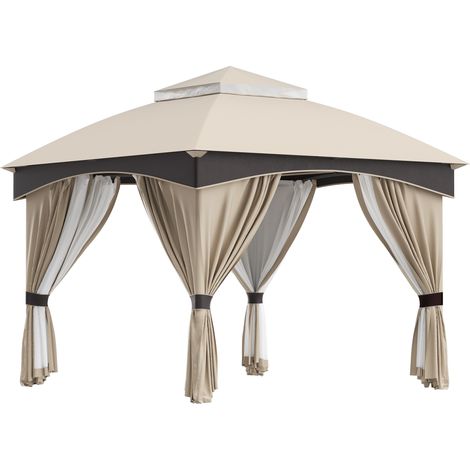 3x3m Stahl-Gartenpavillon mit Doppeldach und Vorhängen, Beige und Grau