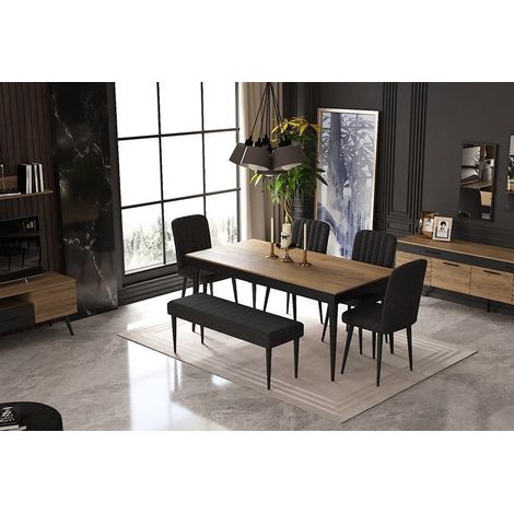 Azura Home Design – Salle à manger complète VENISE 2 chaises et 1 banc – Table 160x90cm en panneaux mélaminé – Buffet 200x45cm en bois et métal