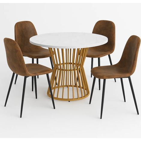 URBAN MEUBLE Ensemble de salle à manger élégant avec table ronde effet marbre blanc et chaises en faux daim – AIZU+CHARLTON SUEDE BROWN (1/5)