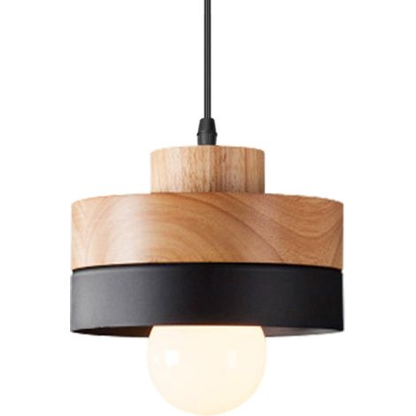 Suspension Luminaire Bois Ronde Rétro Plafonnier Design Vintage E27 Eclairage Intérieur Lumières Lustre Abat-jour Métal Moderne Lampe Suspension Art pour Salon Chambre Cuisine (Noir) (1/5)
