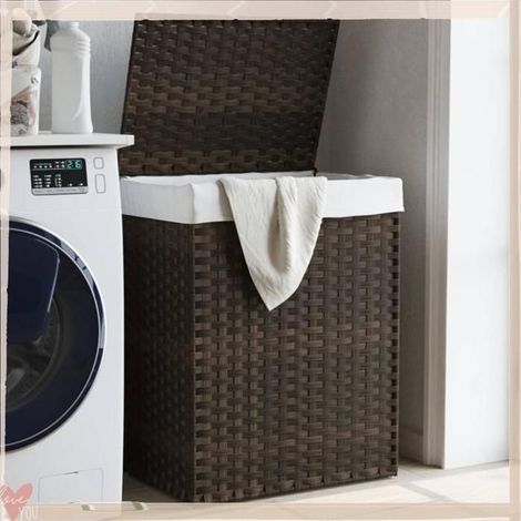 372030 Panier à linge avec couvercle marron foncé résine tressée (1/5)