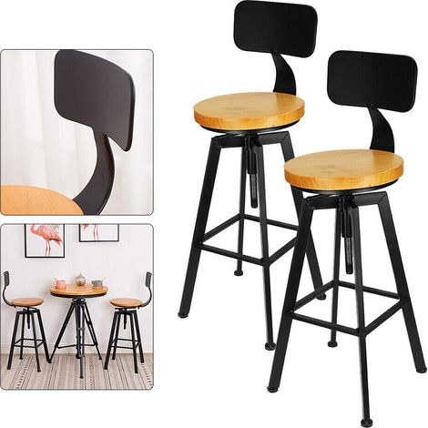 Industrial Bar Stool with Backrest, Set of 2 Kitchen Stools, Adjustable Height 64-84 cm, Retro Bar Stool, Vintage Industrial Wood, 33" Metal Backrest