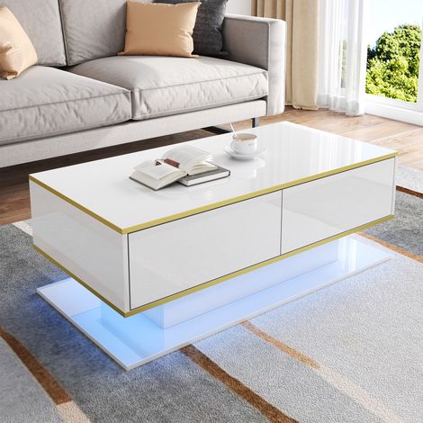Table basse moderne brillante 100x50x40 cm - Éclairage LED - 3 tiroirs et étagères ouvertes - Bordure dorée - Blanc et doré