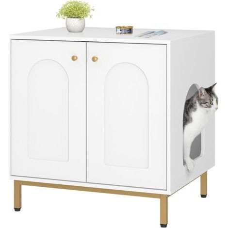Maison de toilette pour chat – Bac à litière avec entrée latérale interchangeable – Dimensions 50 x 60 x 61 cm – Panneaux de particules et acier – Blanc et or