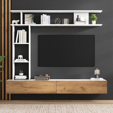 Ensembles de salon - Mural TV 180 cm avec vitrines - Meuble TV, étagère sur pied et murale - Blanc