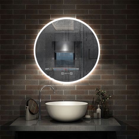 AICA sanitaire horloge LED rond miroir de salle de bain tricolore tactile avec antibuée 80x80cm (1/5)
