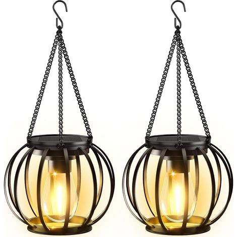 Suspension - Lanterne solaire - Structure entièrement métallique perforée ronde avec LED intégrée - Lot de 2 - Usage extérieur pour jardin et balcon - Noir (1/4)