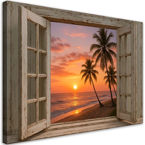 Wandbild Fensterblick Sonnenuntergang Strand Palmen 90x60 cm