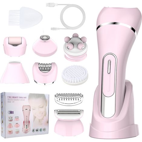 7-in-1 Elektrorasierer für Damen, Bikini-Trimmer, Intim-Trimmer, elektrischer Epilierer, IPX7 wasserdicht, mit USB-Ladestation, für Gesicht, Arme, Beine, Achseln, Bikinizone (Pink)