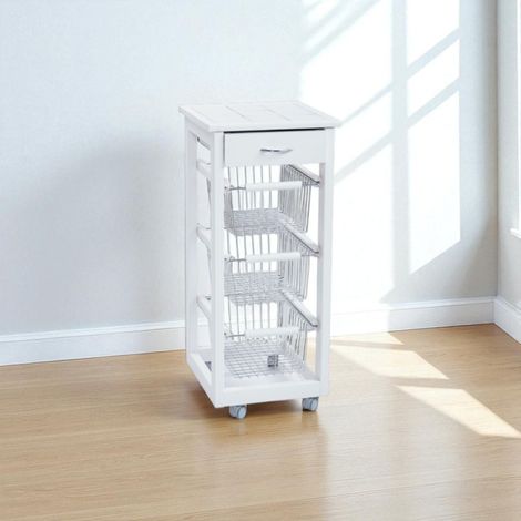 Carrello cucina SLIM in legno di faggio 3 cesti e 1 cassetto Bianco (1/5)
