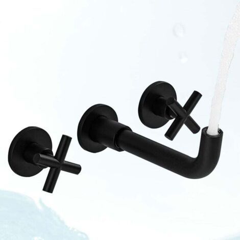 Grifo de lavabo, grifo de baño de pared negro mate, mezclador de lavabo de latón con doble mando y válvula incluida (1/5)