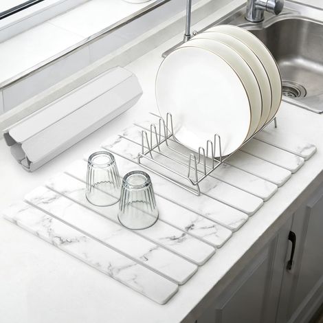 Tapis Egouttoir Vaisselle en Pierre pour Comptoir de Cuisine, 60×39cm, Séchage Rapide, Absorbant, Antidérapant, en Terre de Diatomite, Pliable, pour Tasses Ustensiles, Marbrée Blanc