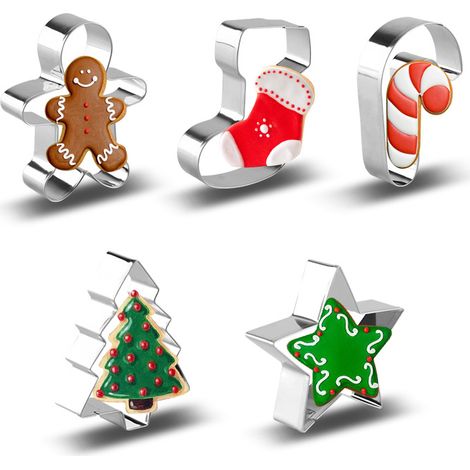 Set di 5 stampini per biscotti natalizi in acciaio inox con albero di Natale, omino di pan di zenzero, bastoncino di zucchero, calza e stella.