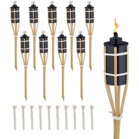 Relaxdays Set of 10 Garden Oil Torches, with Replacable Wicks, Bamboo & Iron, Outdoor Party Flares, HxØ: 40x6cm, Natural