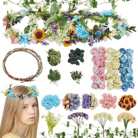 Kit de bricolage couronne de fleurs et accessoires pour cheveux à faire soi-même avec roses en tissu et feuilles (1/4)