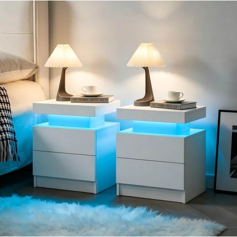 LED-Nachttische 2er-Set mit 2 Schubladen aus Spanplatte Weiß (1/5)