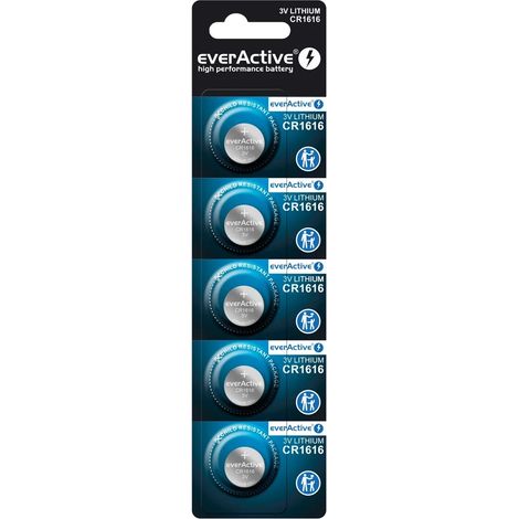 everActive CR1616, 3 V, Pilas de botón de Litio, batería más Potente, 10 años de duración, 5 Unidades, 1 blíster (1/2)