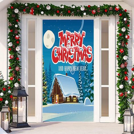 Décorations de Noël avec cloches, nœuds, flocons de neige, Père Noël, banderole « Joyeux Noël » - 90 x 180 cm (perforée + ruban) - 5