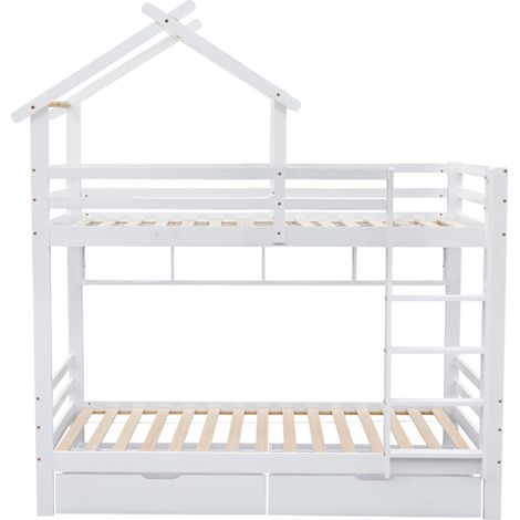 Haus-Etagenbett mit Schubladen und Regalen 90 x 200 cm Weiß (1/5)