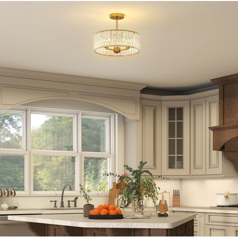 Lampadario da soffitto design, paralume in cristallo, 3 lampadine E14, metallo dorato HAVRYA (1/5)