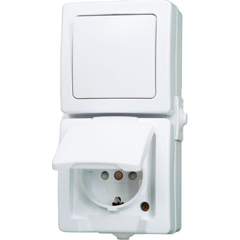 Combinaison de prises va-et-vient - Blanc arctique - Prise sûre en saillie avec couvercle et protection de contact accrue - Interrupteur vertical IP44 pour pièces humides - Avec prise 16 (1/4)