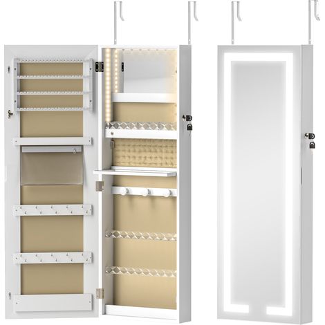 Armadio portagioie da parete specchio a figura intera 37 x 10,5 x 108 cm custodia sicura illuminazione LED moderna ed elegante in MDF bianco 210001663