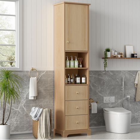 Mueble alto de baño 40 x 30 x 172 cm en MDF natural, 3 cajones, 1 puerta y 2 nichos DESVIAE (1/5)