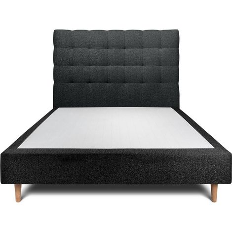 Lit 150x200cm avec tête de lit capitonnée bouclette et sommier tapissier Noir - Hauteur totale : 35cm (1/5)