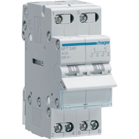Hager – Inverseur de source monophasé 40A – 4 pôles – Tension AC 230V – Intensité max 40A – Conforme NF CE