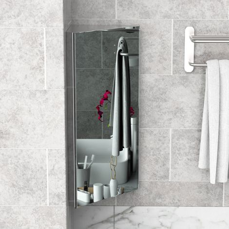 Armoire de rangement d'angle murale pour salle de bain avec miroir et porte simple en acier inoxydable (1/5)