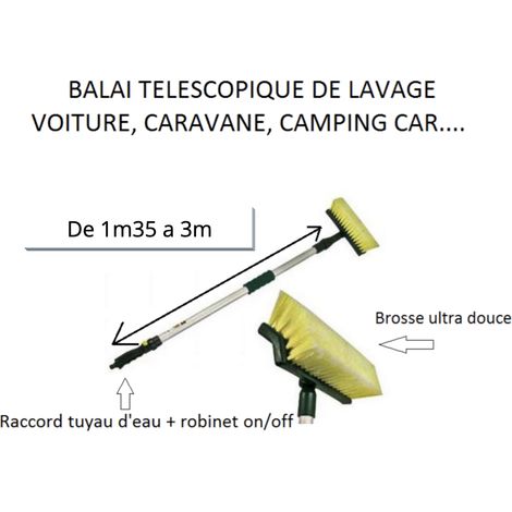 Balai de lavage télescopique 3m pour camping-car et camion – Large brosse douce 24cm – Raccord d'eau rapide et bouton marche/arrêt