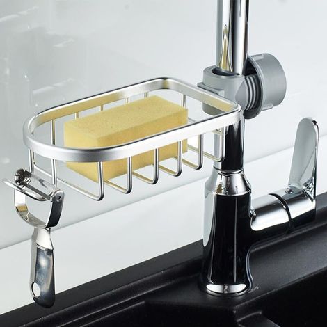 Porte-éponge sur Robinet de Cuisine, Organisateur d'évier de Cuisine, Support de Brosse à Vaisselle, Argent (1/5)