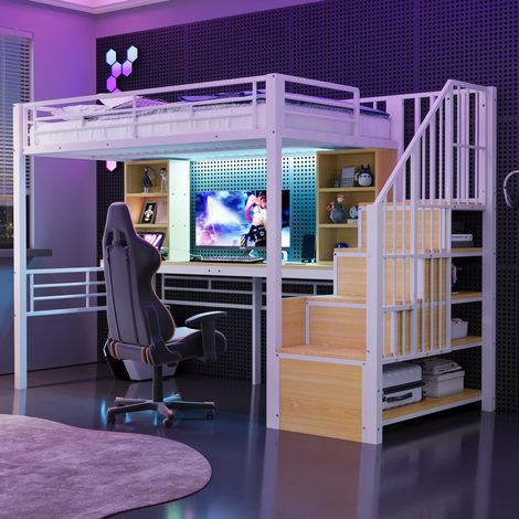Cama alta 90 x 200 cm con escritorio, enchufe europeo, LED y escalera con almacenaje, blanca (1/5)