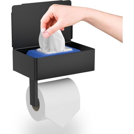 Set aus schwarzen, selbstklebenden Toilettenpapierhaltern zur Wandmontage, kein Bohren erforderlich, mit Ablage und Papiertaschentuchspender, selbstklebender Toilettenpapierrollenhalter (1/5)