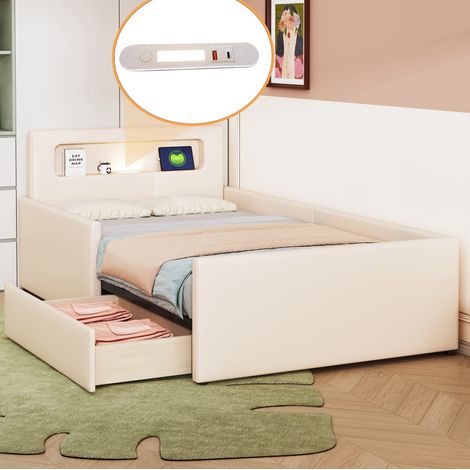 Kinderbett 90/200 cm Beige aus Kunstleder mit Nachtlicht und USB-Anschluss (1/5)