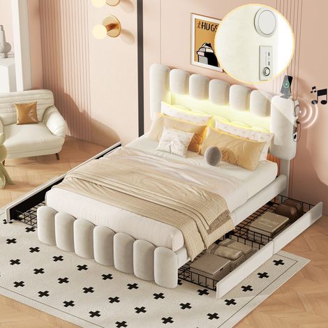 Letto imbottito 140x200 cm, letto contenitore, 4 cassetti, USB, striscia luminosa a LED, letto matrimoniale, velluto, beige (materasso incluso) (1/5)