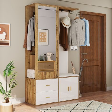 AMXCNOY Ensemble dressing élégant dans des tons blancs et bois avec miroir, meuble à chaussures, banc à chaussures avec crochets et tringle à vêtements extensible (1/5)
