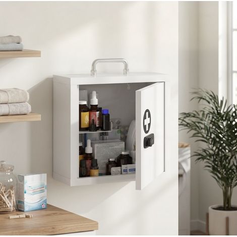 Armario de pared para medicamentos de 30x14x30 cm con cerradura de combinación, acero inoxidable blanco (1/5)